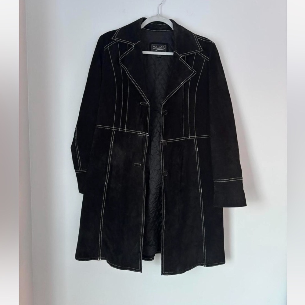 Vintage Winlit Black Suede Leather Coat w/ Contrast Stitching – Medium